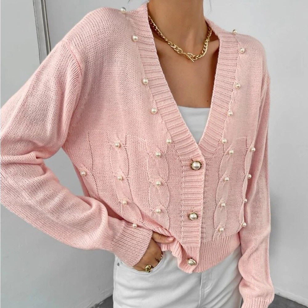 Pearl detail and button cable knit cardigan